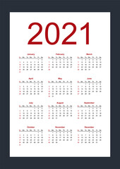 Calendar template for 2021 year. Week starts from Sunday. Vertical. Isolated vector illustration on white background.