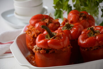 Stuffed red bell peppers with beef meat and rice.