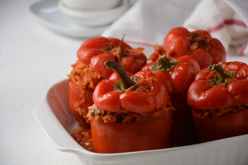 Stuffed red bell peppers with beef meat and rice.