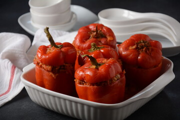 Stuffed red bell peppers with beef meat and rice.