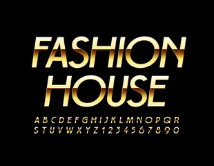 Vector elite sign Fashion House. Premium chic Font. Gold glossy Alphabet Letters and Numbers set