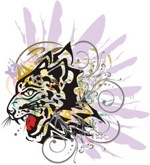 Grunge leopard head symbol with feathers. Aggressive leopard head with colored floral and decorative elements for wallpaper, tattoo, prints on t-shirts, posters, textiles, etc.