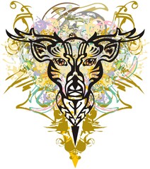 Fototapeta premium Splattered deer head golden and decorative elements. Decorative deer head on the background of floral and golden splashes isolated on white for posters, textiles, wallpaper, your creative ideas