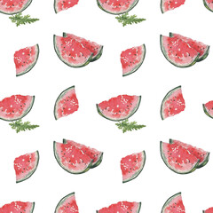 Seamless pattern of slices of red watermelon and green leaves isolated on a white background. Summer composition for the design of postcards, textiles, print, background, banner, decor. Watercolor.