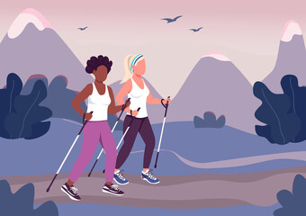 Fitness trend flat color vector illustration. Jogging, racewalking. Nording walking. Trail running. Girls enjoy sports activity 2D cartoon faceless characters with mountain terrain on background