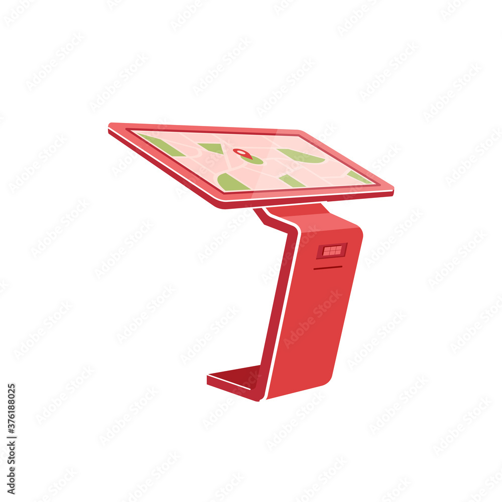 Poster red self service kiosk flat color vector object. interactive panel for customer shopping. monitor fo