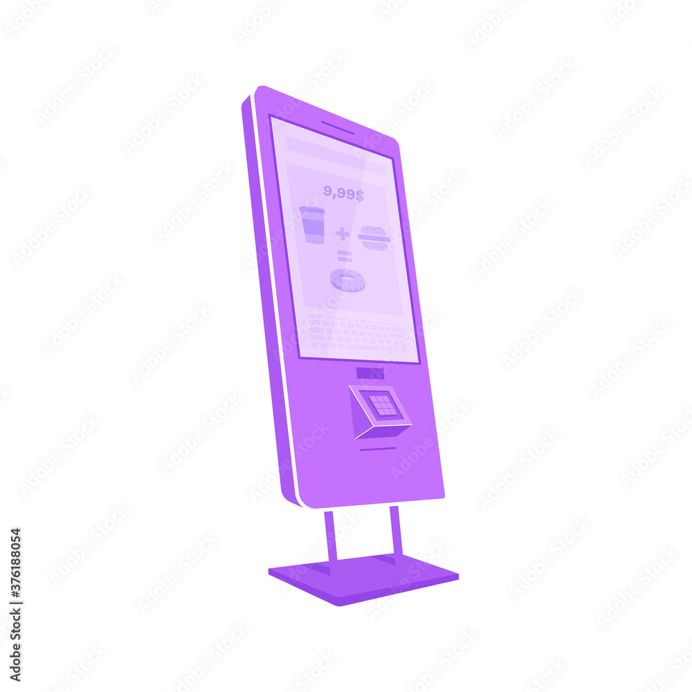 Poster violet self service kiosk flat color vector object. e commerce device with touch screen. interactive