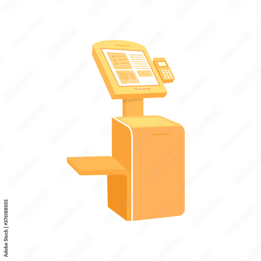 Fototapete Orange self service kiosk flat color vector object. Device for information and purchase. Automat checkout. Terminal isolated cartoon illustration for web graphic design and animation