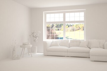 White minimalist living room with sofa. Scandinavian interior design. 3D illustration