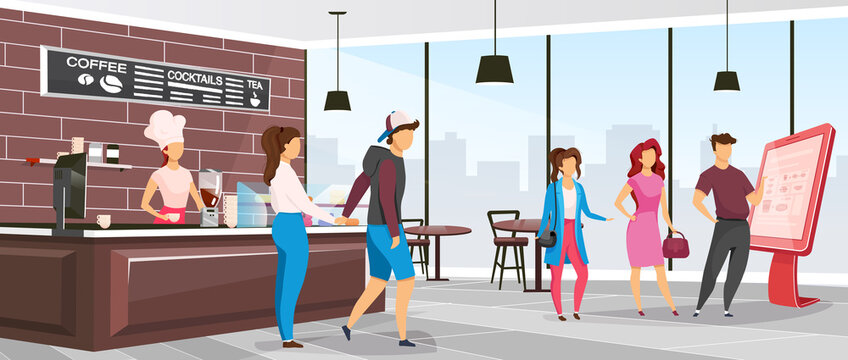 Cafeteria flat color vector illustration. Coffee shop customers. Restaurant with clients and barista. Waitress near counter in bistro. Cafe 2D cartoon interior with characters on background
