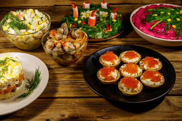 Christmas dinner set of food on a wooden table