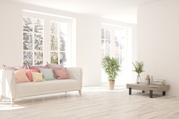 White living room with sofa and winter landscape in window. Scandinavian interior design. 3D illustration