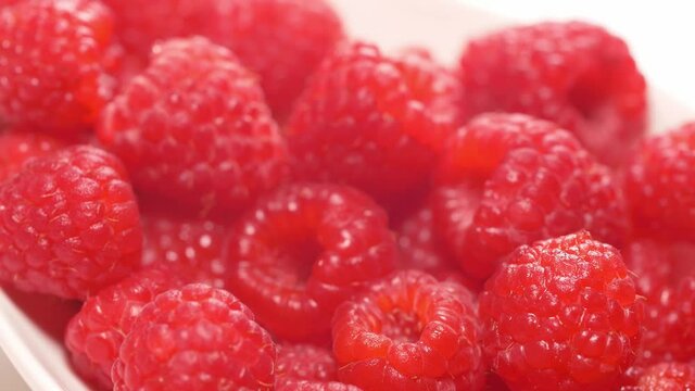 Beautiful raspberries close up footage.