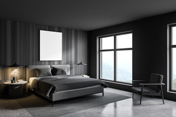Naklejka na ściany i meble Gray and wooden bedroom corner with armchair