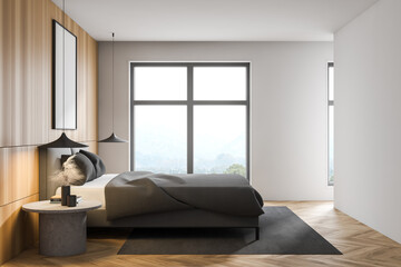 Wooden master bedroom with window, side view
