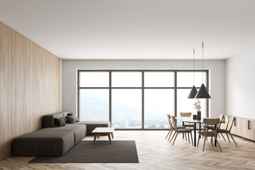 Wooden living room interior with sofa