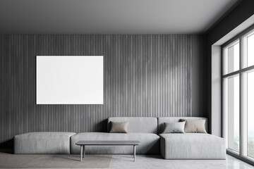 Dark wooden living room interior with poster