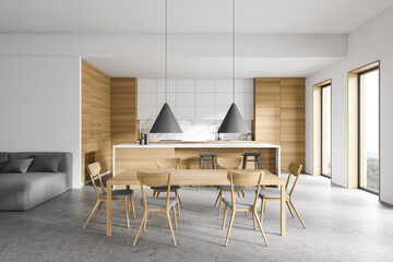 White and wooden kitchen with bar and table