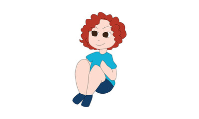 Flat vector of girl or woman with short red curly hair and big eyes wearing a blue shirt and dark pants sitting and isolated against a white background.