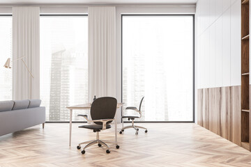 White and wooden living room with table
