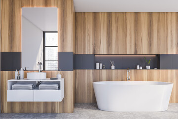 Fototapeta na wymiar Gray and wood bathroom interior, tub and sink