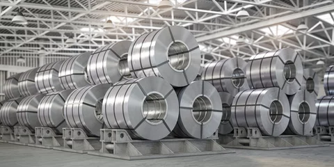 Foto op Aluminium Rolls of metal sheet. Zinc, aluminium or steel sheet rolls on warehouse in factory. © Maksym Yemelyanov
