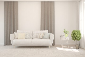 White living room with sofa. Scandinavian interior design. 3D illustration