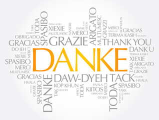 Danke (Thank You in German) word cloud background in different languages