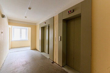 Russia, Moscow- February 15, 2020: interior room public place, house entrance. doors, walls, staircase corridors.