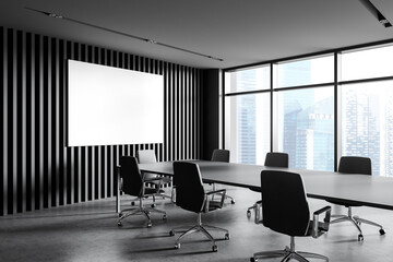Panoramic gray meeting room corner with poster