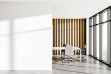 Wooden meeting room with mock up wall