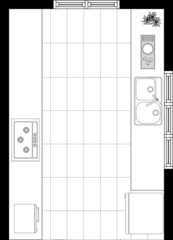 An Image of kitchen plan layout in 2D architectural drawing. Kitchen cabinets and basic kitchen equipment are well arranged. Drawing in black and white. 
