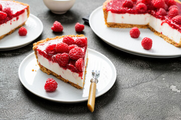 Tart , pie , cake with jellied fresh raspberries ( no bake cheesecake)	 - obrazy, fototapety, plakaty