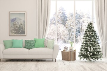 Winter new year interior of living room with sofa. Scandinavian design. 3D illustration