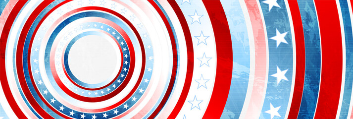 USA colors, stars and round stripes abstract grunge banner design. Independence Day modern background. Concept american flag. Vector illustration