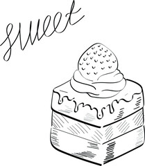 Cake outline , sweet , food , lettering isolated on white background. Concept for logo, print, menu 