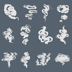Smoke set effects, cartoon steam clouds, puff and mist, fog watery vapour and dust explosion