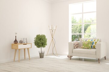 White living room with armchair and green landscape in window. Scandinavian interior design. 3D illustration