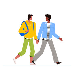 Two young men walk together, hold hands and discuss the news. Communication, friendship and conversation concept