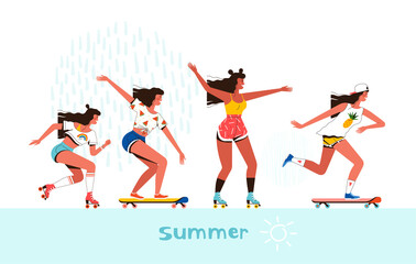 Young happy girls rollerblading and skateboarding. Summer activity, friendship and outdoor recreation concept