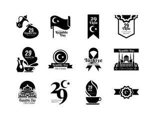 bundle of twelve set cumhuriyet bayrami silhouette style icons