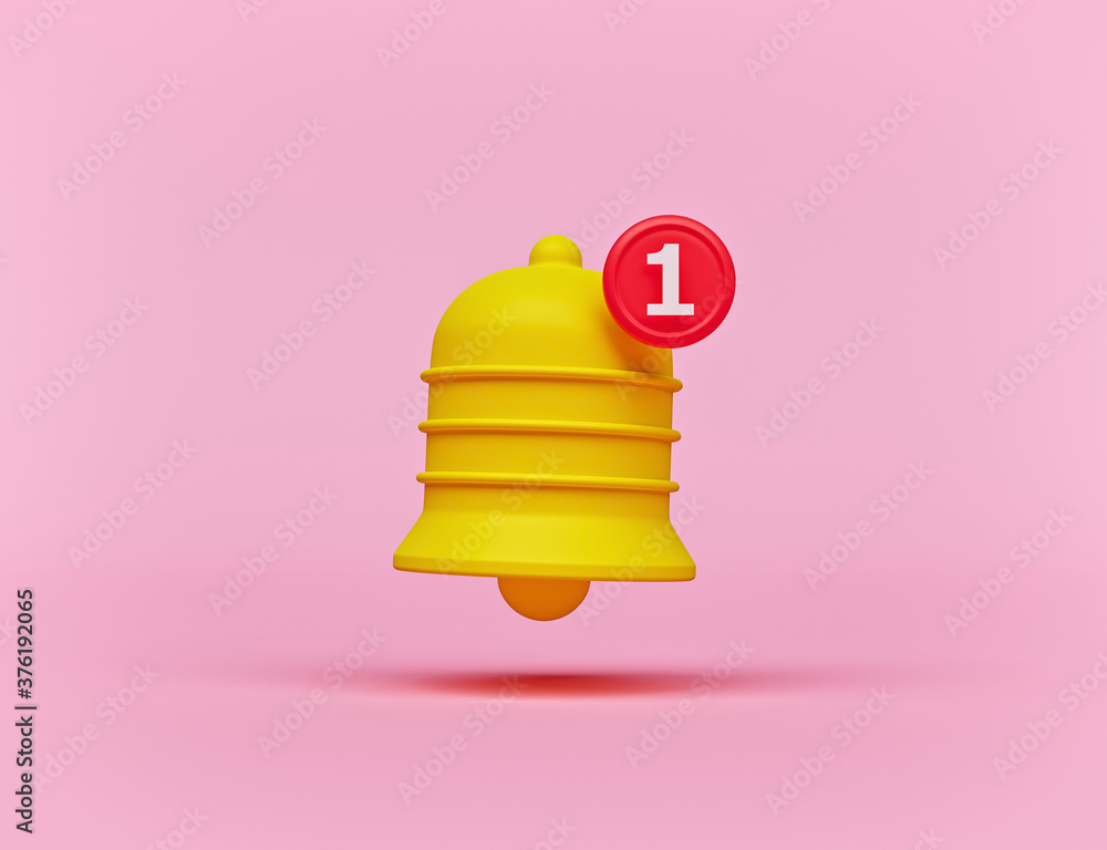 Poster minimal notification bell icon isolated on pastel pink background. one new notification concept. soc