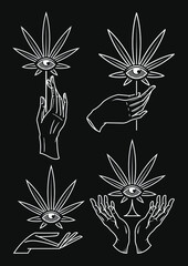 Collection of vector hands holding cannabis leafs that contain an eye at the center of it.