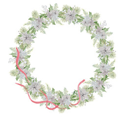 Watercolor Christmas wreath with pine tree branches and flowers hand drawn illustration isolated