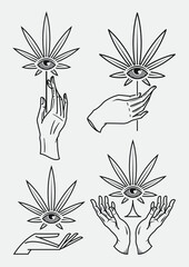 Collection of vector hands holding cannabis leafs that contain an eye at the center of it.