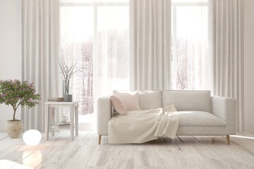 Fototapeta premium White living room with sofa. Scandinavian interior design. 3D illustration