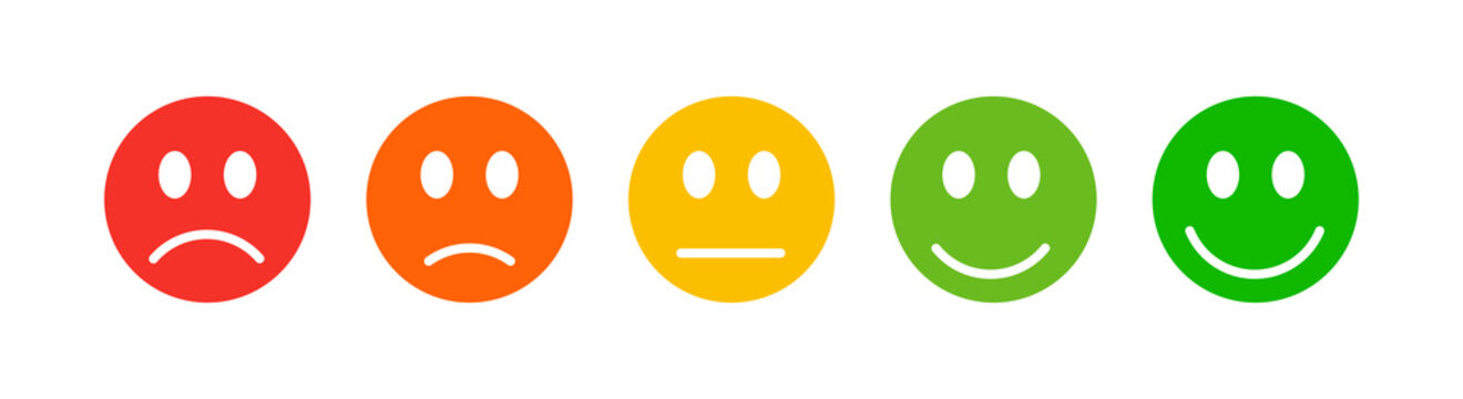 Set five faces scale. Feedback in form of emotions. Emotions Range Vector Icon. Five kinds of customized: excellent, good, normal, bad, terrible.