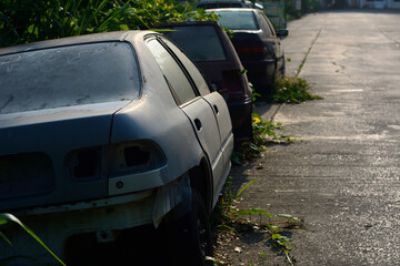 Chiang Mai, Thailand - September 5, 2020. Dirty and wreck cars  at the car cemetery.