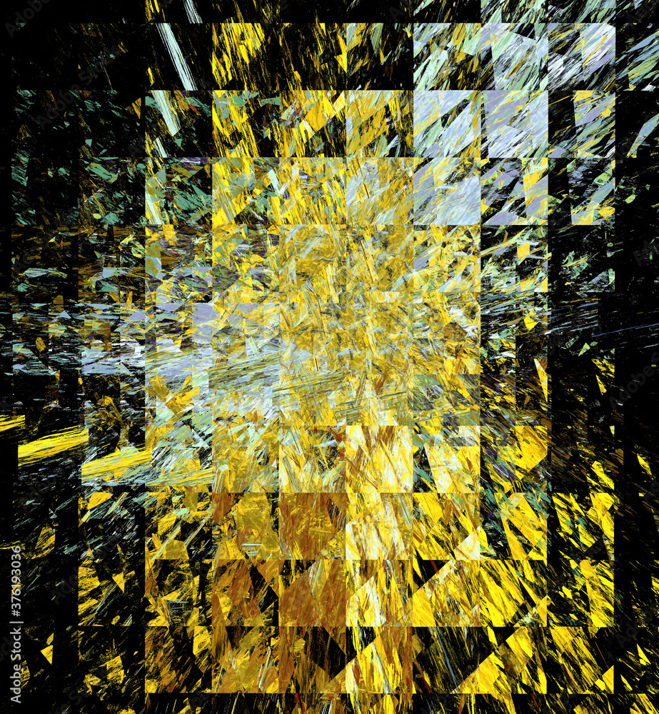 Poster yellow splashes from the center, on top of gray rectangles in rows on a black background. abstract f