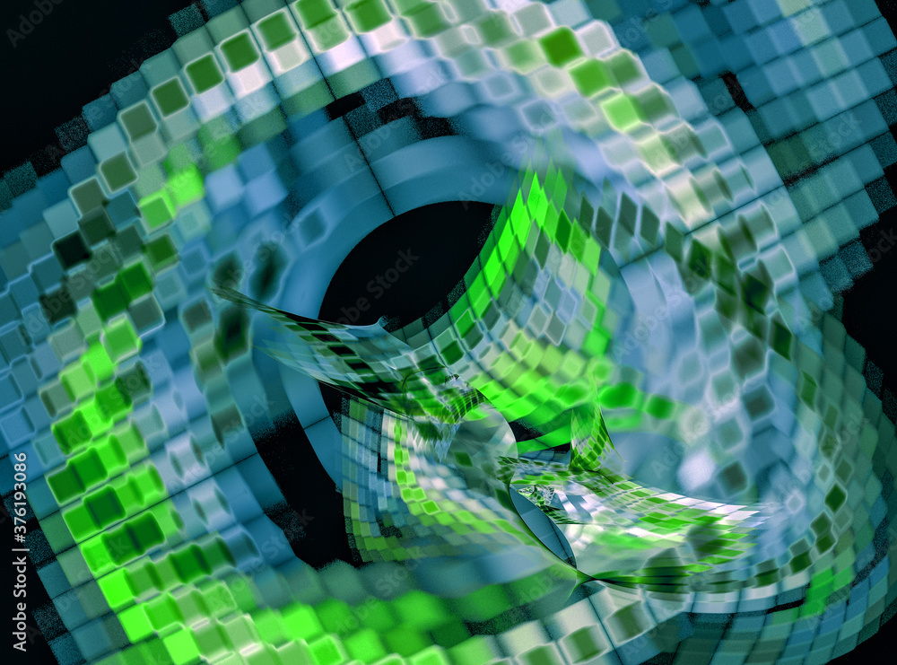 Poster abstract fractal background with a network of cells, squares of green and blue colors in perspective